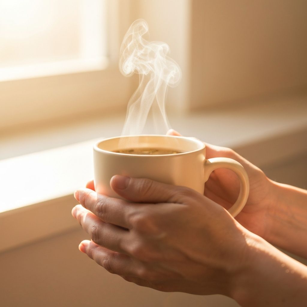 Hands holding warm ceramic mug with herbal tea steam