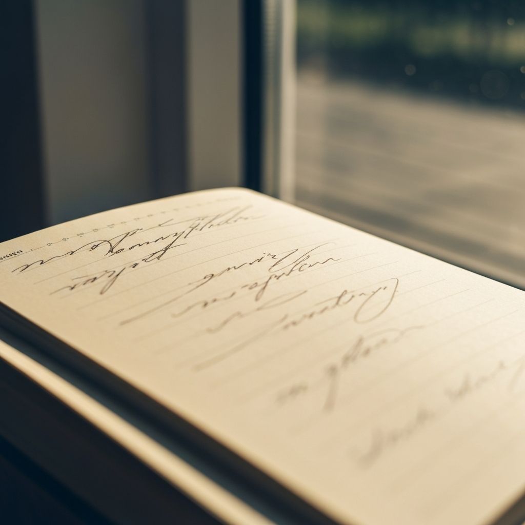 Open notebook with gentle abstract markings beside window